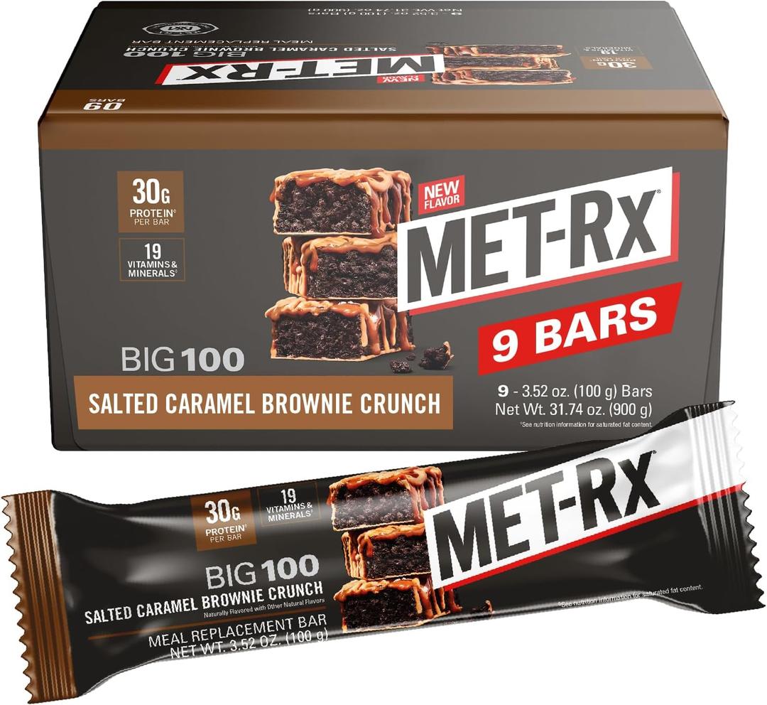 MET-Rx Big 100 Protein Bar, Meal Replacement Bar, 30G Protein, Salted Caramel Brownie Crunch, 9 Count, 3.52 Oz.(Packaging may vary)