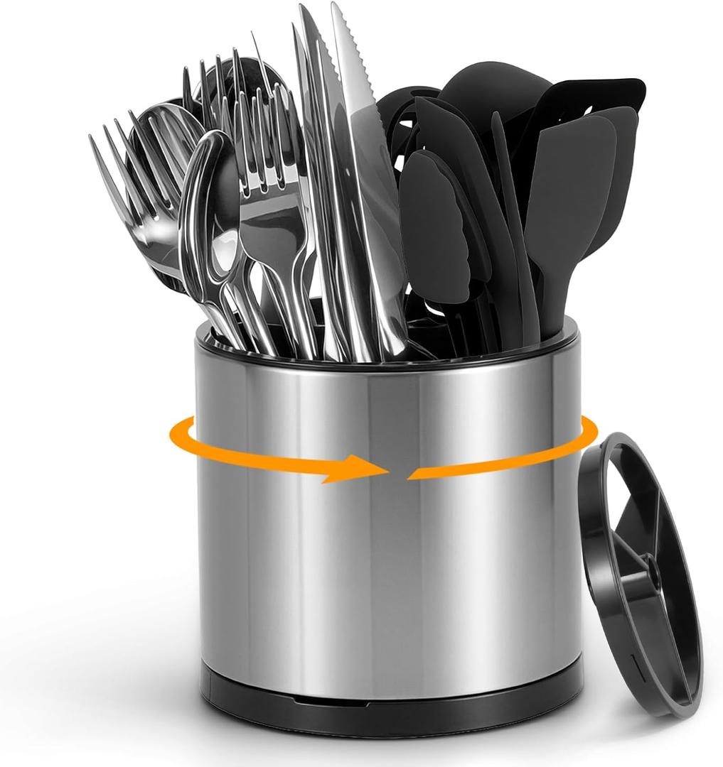 360 Rotating Kitchen Silverware Caddy, Stainless Steel Utensil Holder for party Counter with 3 Compartments, Cooking Flatware Organizer Spoon Spatula Tool Cutlery Container (Silvery, Medium)