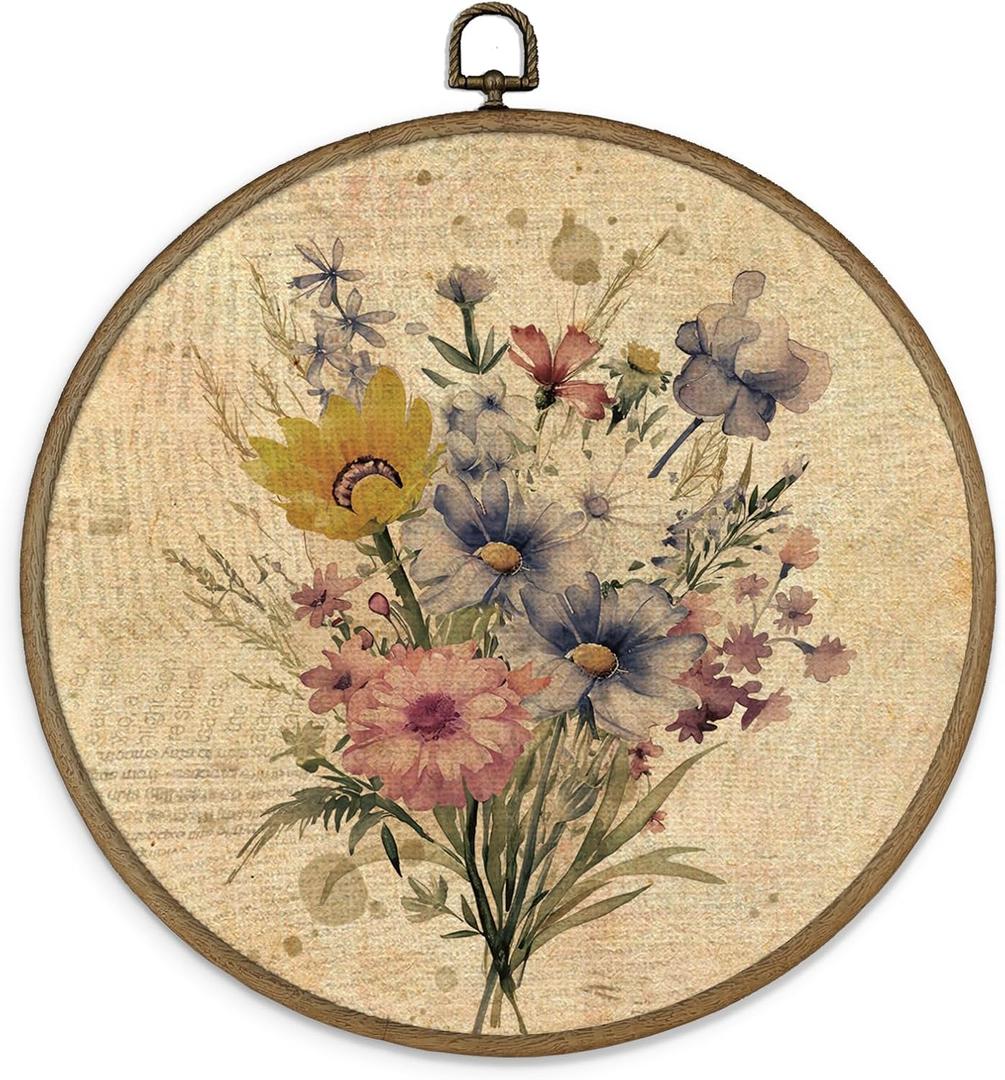 MAQIKA Boho Floral Framed Wall Art Decor, Vintage Botanical Prints, Farmhouse Wildflower Round Wall Hanging Decor, Pink and Blue Flower Canvas Prints Wall Art for Girls Dorm Room Bedroom, 10x10 Inch