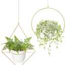 Mkono Metal Hanging Planters for Indoor Plants with Plastic Pots, Set of 2 Modern Mid Century Flower Pot Plant Holder in Diamond and Circle Shape, Fits 6 Inch, Gold