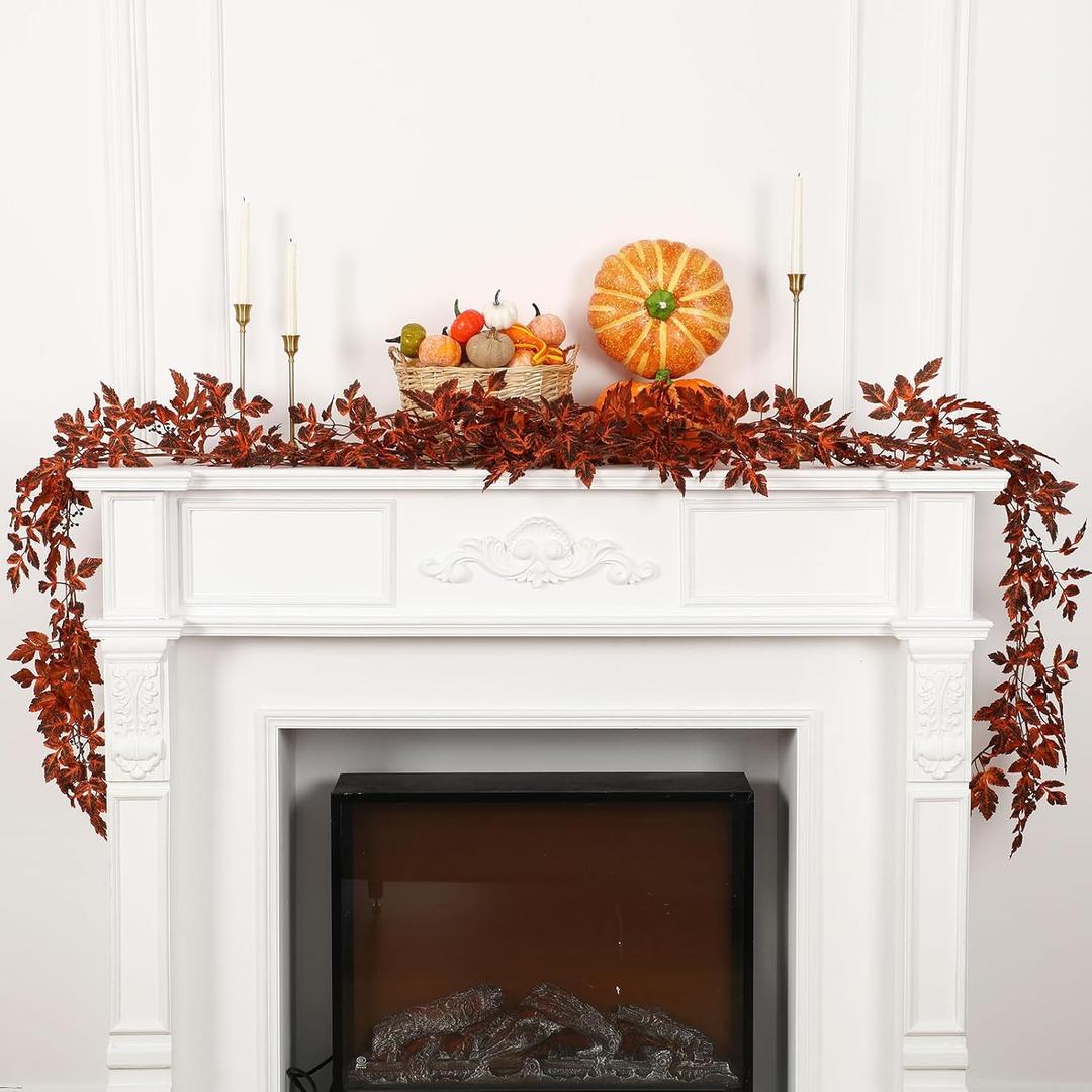 2 Pack Fall Garland for Mantle 6ft Plum Artificial Cimicifuga Ramosa Plant Leaves Garland Autumn Leaf Vine for Fall Halloween Mantel Thanksgiving Garden Farmhouse Decoration