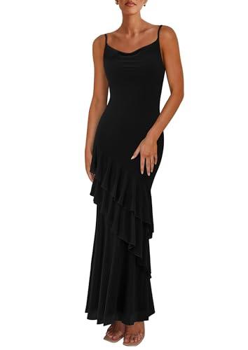 PRETTYGARDEN Maxi Dresses for Women 2026 Summer Tiered Floral Beach Sundress Spaghetti Strap Spring Wedding Guest Long Dress (Solid Black,Large)