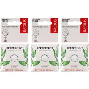 Radius Dental Floss, Sponge Floss, Peppermint, 55 Yards, Vegan & Non-Toxic Oral Care Designed to Help Fight Plaque, Pack of 3