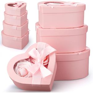 Resurhang 4 Pcs Mother's Day Flower Boxes Heart Shaped Boxes Floral Gift Assorted Sizes with Transparent Window Lids and Ribbons for Luxury Flower Gift Arrangements Wedding(Pink)