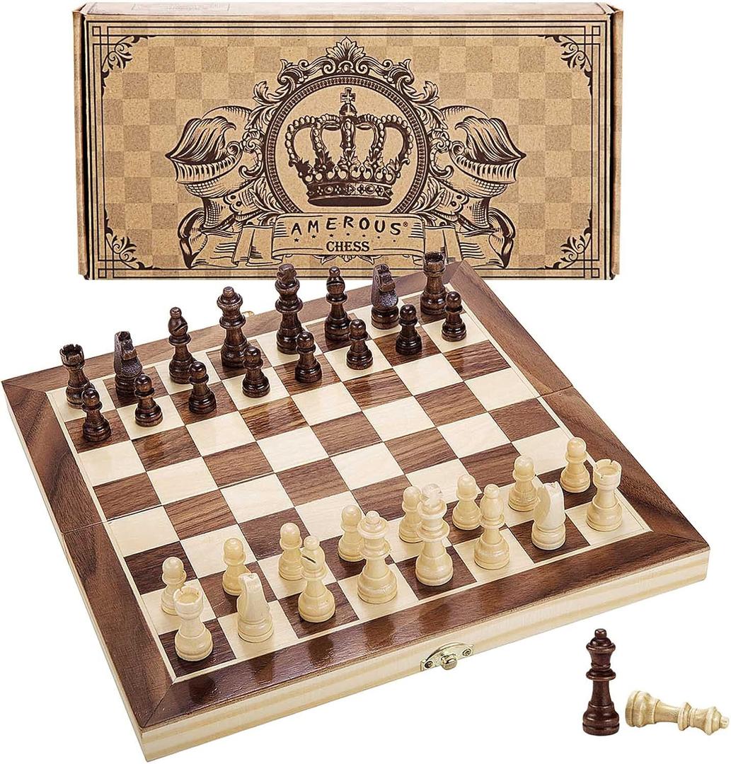 AMEROUS 12" x 12" Magnetic Wooden Chess Set for Kids and 6 up Age, 2 Bonus Extra Queens, Folding Board with Storage Slots, Handmade Chess Pieces, Portable Travel Chess Board Game Sets