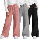 LessonZoo 3 Pack Girls' Sweatpants Wide Leg Drawstring Cargo Kids Joggers Open Bottom Loose Teen Pants with Pockets Sports (Large, Coral Pink, Light Gray, Black)