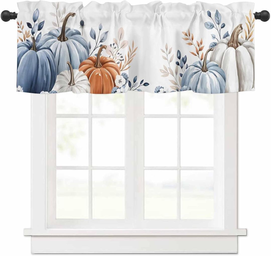 Fall Blue and White Pumpkins Flower Valance Curtains for Kitchen Window 54x18 Inch,Thanksgiving Orange Pumpkin Rod Pocket Small Curtain for Living Room Watercolor Floral Valances for Bathroom/Bedroom