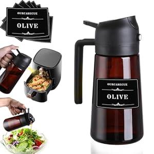 OURCABECUE Oil Sprayer for Cooking, 16oz Glass Olive Oil Dispenser Bottle for Kitchen Gadgets, 2 in 1 Spray and Pour Dark Brown Bottle with Stickers for Air Fryer, Salad