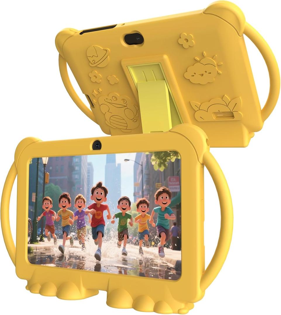 Kids Tablet 7 inch Android 12.0 for Toddler, 4GB RAM 32GB ROM Bluetooth IPS Screen Parental Control Dual Camera Shockproof Case for Educational Games (Yellow)