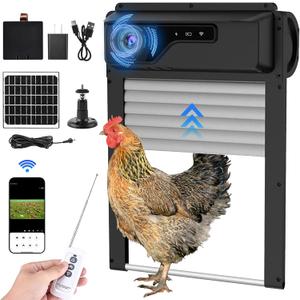 Automatic Chicken Coop Door with WiFi and HD Camera, Remote APP Monitoring, Anti-Trap Sensor and Alarm Actuator, with Large Solar Power and 5000 mAh Battery, Anti-Trap Protection (Black)