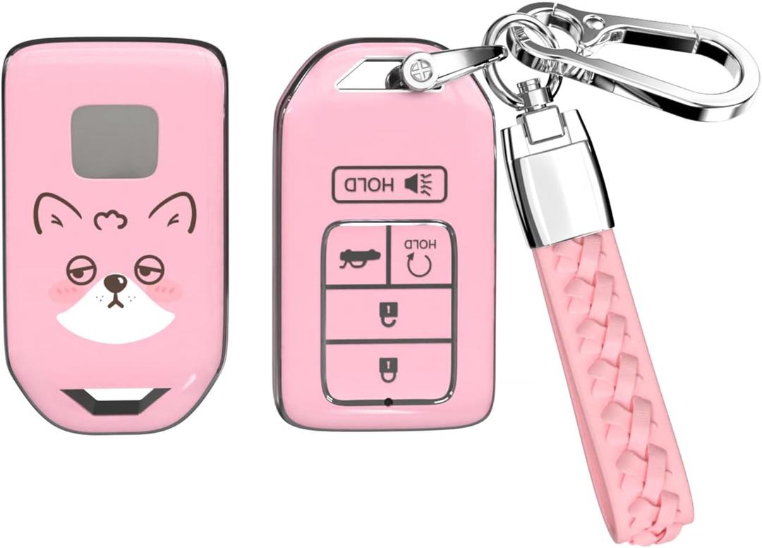 ACEBOY for Key Fob Cover, Soft TPU Protective Case with Leather Keychain Compatible with Car Smart Key (Pink)