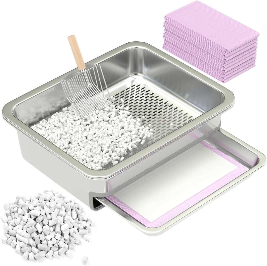 Dual-Layer Stainless Steel Cat Sifting Litter Box - Odor Control Tray with Zeolite Litter Pellets, Includes Scoop, Pads & Trays