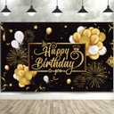 Blulu Happy Birthday Banner Sign Poster Large Fabric Glitter Balloon Fireworks Sign Photo Backdrop Background for Birthday Decoration Supplies, 72.8 x 43.3in (Black and Gold)