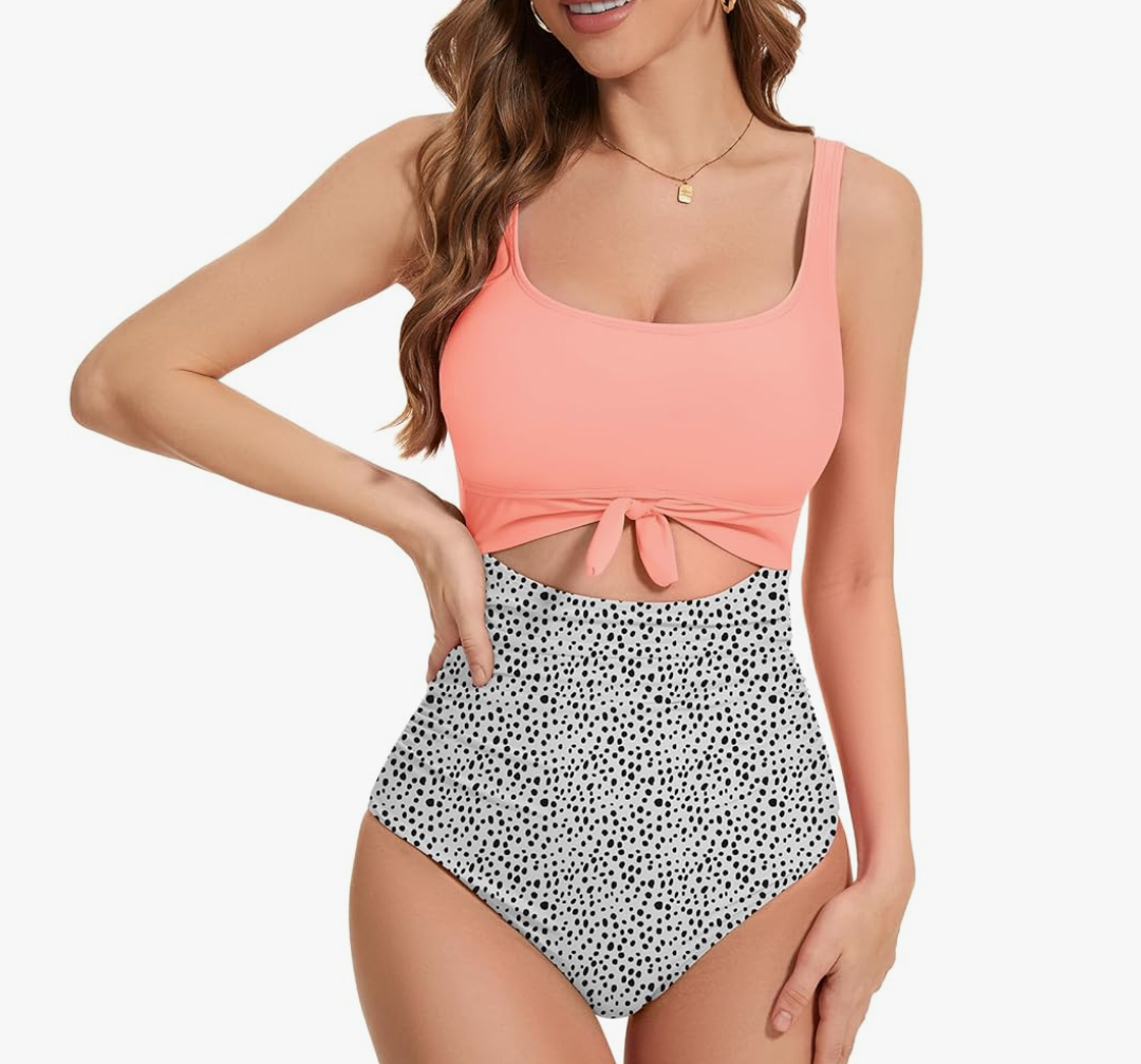Women's One Piece Swimsuit Tummy Control Cutout High Waisted Bathing Suit Adjustable Strap Slimming Tie Knot Swimwear S