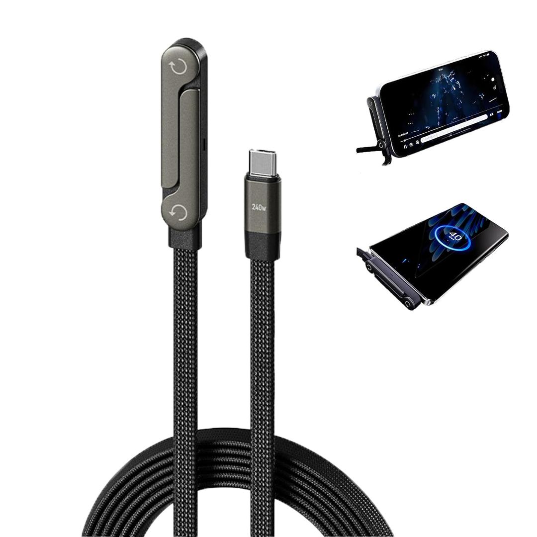 2 x 240W Invisible Stand Type-C Charger, 5-Foot 90 Angled Fast Charging Cable, Adjustable Stand Data Cable for iPhone, Foldable Phone Holder for iPhone 15/16/17, Samsung, iPad, and USB-C Devices