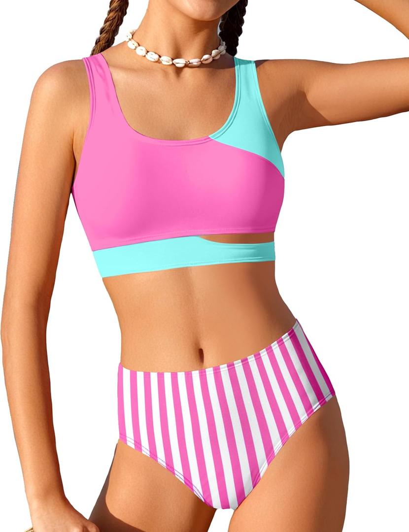 Girls Swimsuit Stripe Bathing Suit Color Block Sporty Bikini Swimsuits Swim Cover Up Skirt 3 Piece Set (7-8 Years)