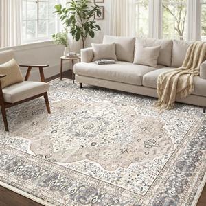 Washable Rug 10x14 Area Rugs for Living Room Bedroom Dining Room Home Office Floor Decor -Stain & Fade Resistant Non Slip Backing Carpet, Ultra-Thin Vintage Large Carpets (Camel/ Beige, 10'x14')