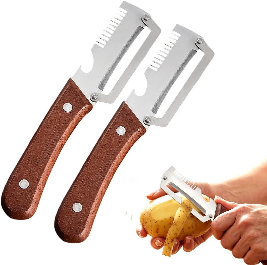 2026 New 2-in-1 Multifunctional Vegetable Peeler – Stainless Steel Blade with Wooden Handle & Bottle Opener, Effortlessly Peels Fruits & Vegetables, Ideal Kitchen Tool Gift (2-Pack)