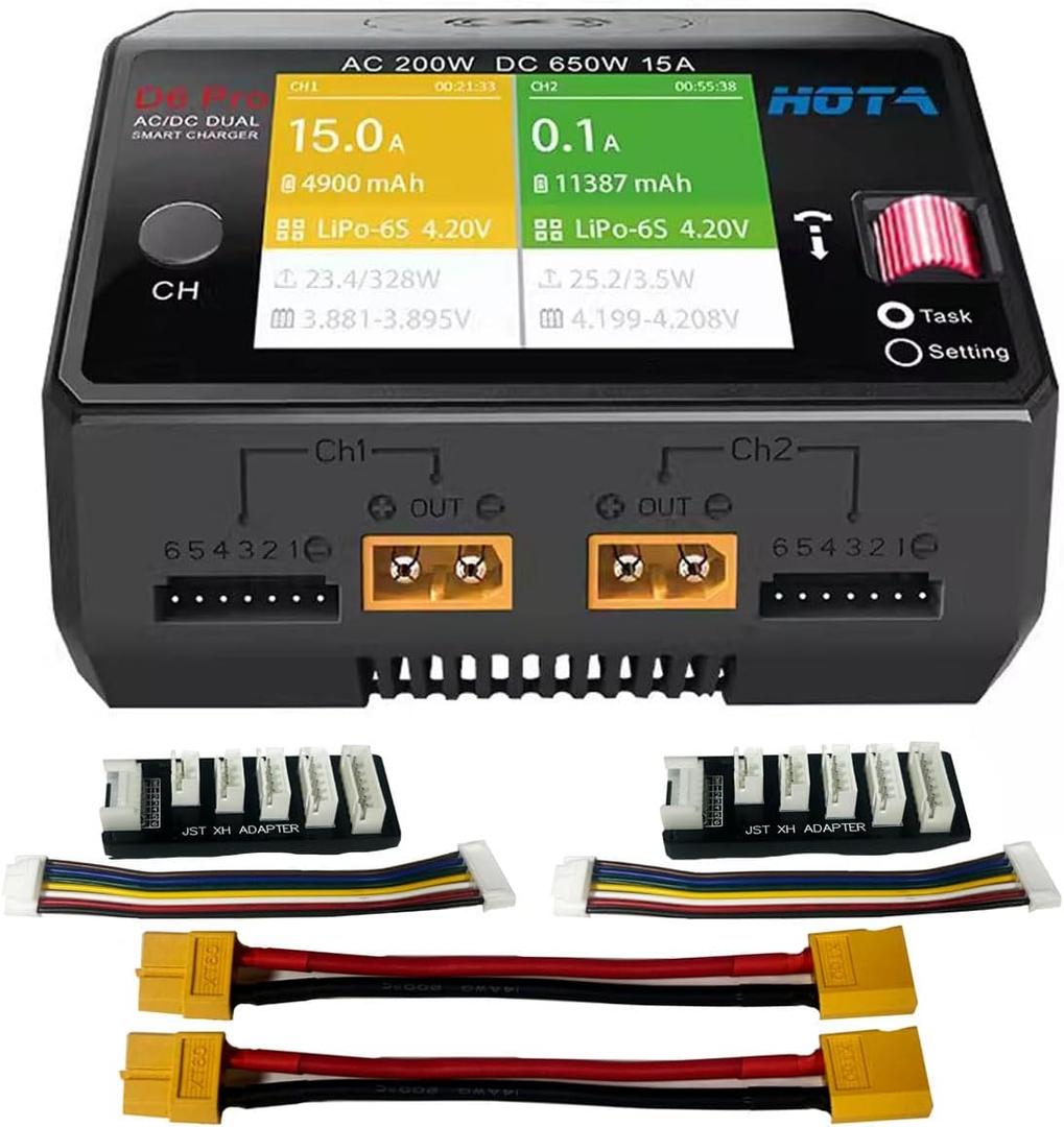 HOTA D6 Pro Lipo Battery Charger AC200W DC650W 15A Dual Channel Smart Charger Quad Multi-Functions Charging for Nicd LiHv NiMH Lipo Battery RC Drone RC Car Parts