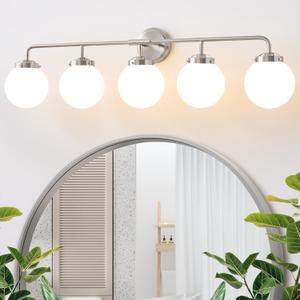 Bathroom Light Fixtures Over Mirror, Brushed Nickel Modern Vanity Lighting with Milk White Glass Globe Shades 5-Light Farmhouse Wall Sconce