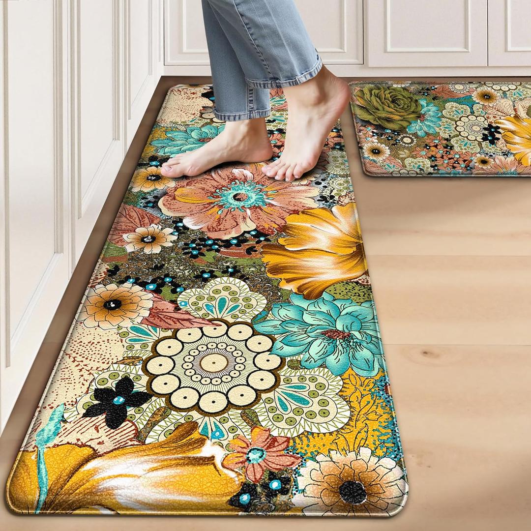 Kitchen Mats for Floor Cushioned Anti Fatigue Sets of 2 Boho Floral Kitchen Rugs Non Slip Waterproof Memory Foam Kitchen Floor Mats Padded Comfort Standing Mat Rug for Sink Laundry Office (17.3'' x 28'' + 17.3'' x 47''- 0.4 inches)