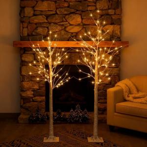 Set of 2 Lighted Birch Tree, Prelit White Christmas Tree Plug in, Light Up Artificial Trees with Dimmable & Timer, 8 Modes Remote Twinkling Twig Trees with LED Lights for Outdoor Indoor Decor 5FT 6FT