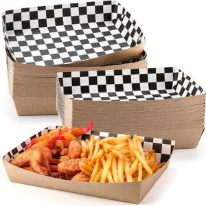 60 Pcs Disposable Black White Checkered Paper Food Trays 5 lb Heavy Duty Kraft Paper Food Serving Boats 10.2 x 7.1 x 2 Inch Nacho Taco Hot Dog Chips Snack Hamburger Holder for Party