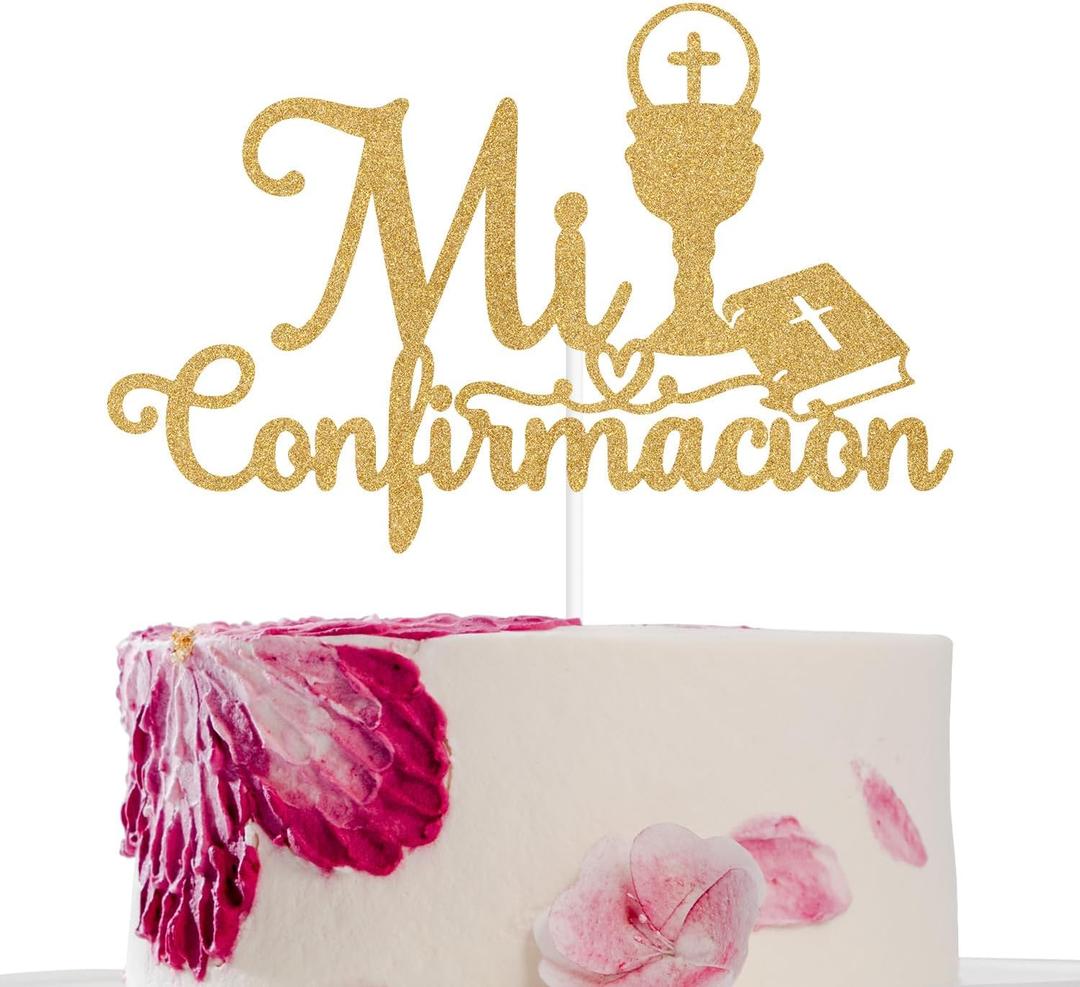 Spanish Mi Confirmacion Cake Topper, First Holy Communion, My Baptism, Religious Christening Baptism Baby Shower Wedding Bridal Shower Party Decorations Gold Glitter