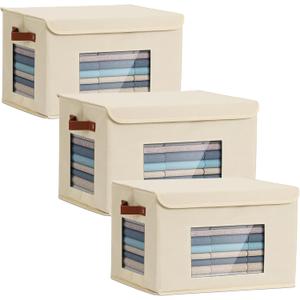 Storage Bins for Clothes, 40L Large Collapsible Stackable Closet Organizer Containers, Storage Boxes with Lids,Storage Cube Basket, Clear Windows & PU Leather Handles, Pack of 3, 17x12x12 Inch (Beige)