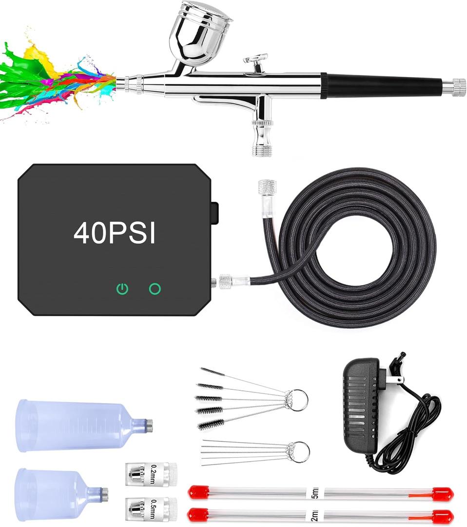 Airbrush Kit with Compressor - High-Pressure Portable Air Brush with 0.2/0.3/0.5mm Nozzle, Non-Clogging Spray Gun with Cleaning Brush for Painting Model Barber Cake