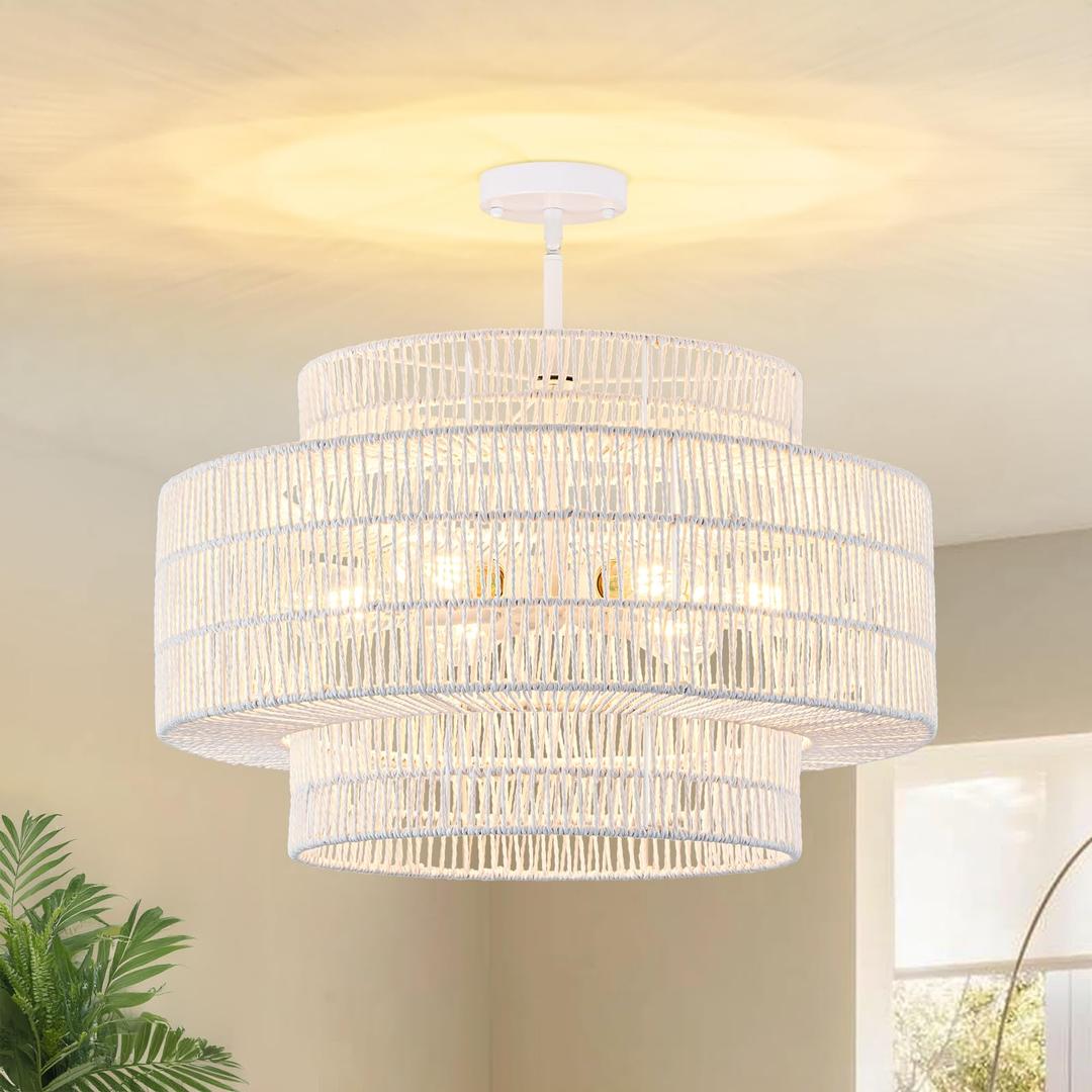 23.6" Rattan Light Fixtures Ceiling Mount, 6-Light Boho Flush Mount Ceiling Light with 3-Tier Hand-Woven Drum Shade, Rustic Rattan Chandelier for Dining Room Living Room Kitchen Island Farmhouse Foyer