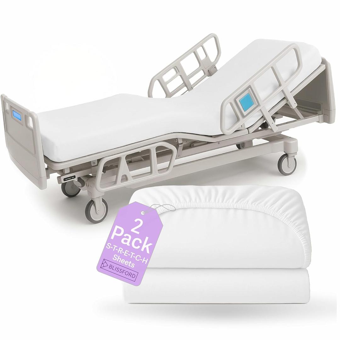 BLISSFORD - 2 Pack Fitted Hospital Bed Sheets with Elastic All Around for a Perfect Fit - Cotton Rich Soft Knitted Jersey Sheet, 36 x 84 x 12 (White)