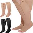 Hillban 2 Pair Plus Size Calf Zipper Compression Socks 15 to 20 Mmhg Open Toe Compression Stockings for Overweight Women(4 XL,Black, Nude)