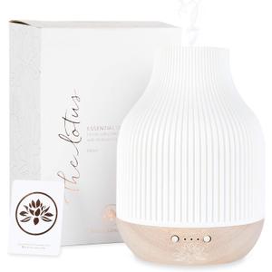Essential Oil Diffuser Lamp, White Ceramic + Wood, Ultrasonic 180ml, Whispersoft, 4 Timers + 5 Light Settings, Auto Shut Off, Home + Office, Humidifier Air Purifier Aromatherapy