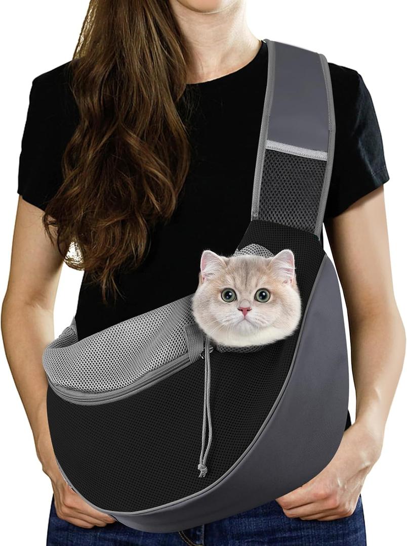 Pawaboo Pet Dog Sling Carrier, Hand Free Drawstring Dog Papoose with Adjustable Strap, Breathable Mesh Bag for Puppy Cat, Crossbody Satchel Dog Purse with Pocket for Outdoor, Dark Gray+Black, Small