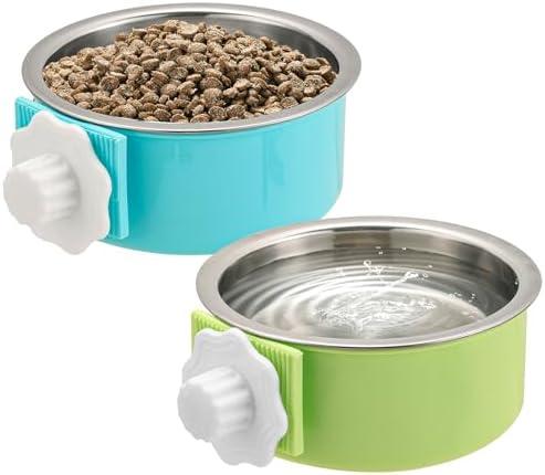 Mechpia 2 Pieces Crate Dog Bowl, Removable Stainless Steel Pet Kennel Hanging Food Water Feeder Bowl Cage Coop Cup for Puppy Medium Dog Cat Rabbit Ferret Bird (Blue, Green)