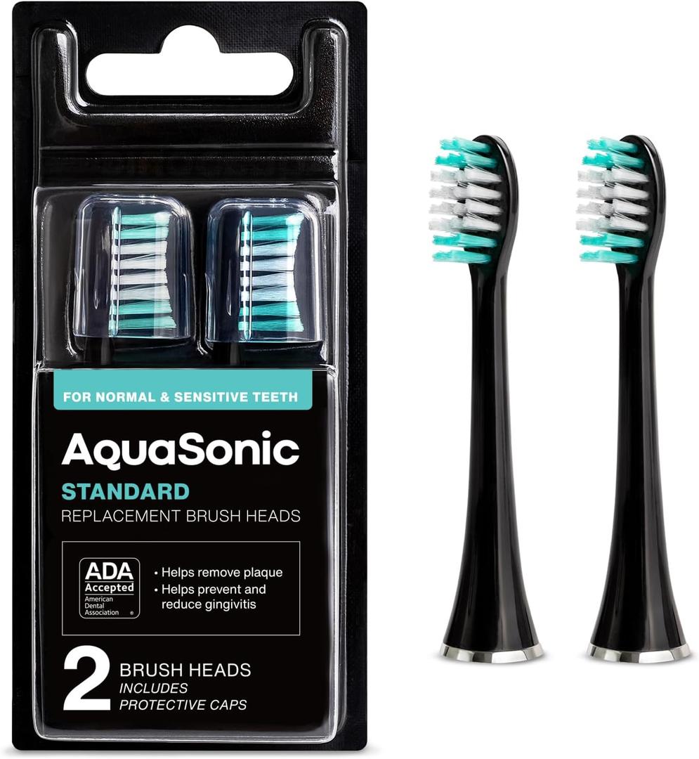AquaSonic Genuine Standard Replacement Brush Heads | for Normal & Sensitive Teeth | Compatible with Many AquaSonic Toothbrush Handles (2 Pack Black)