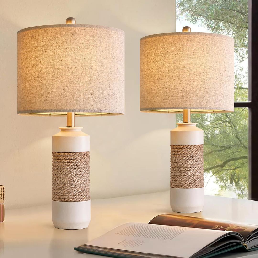 OYEARS 23.75" Bedside Table Lamps Set of 2 for Sleeping and Reading, Vintage Farmhouse Rattan Table Lamp Antique White Resin Lamp for Decoration, Office Living Room Bedside Table