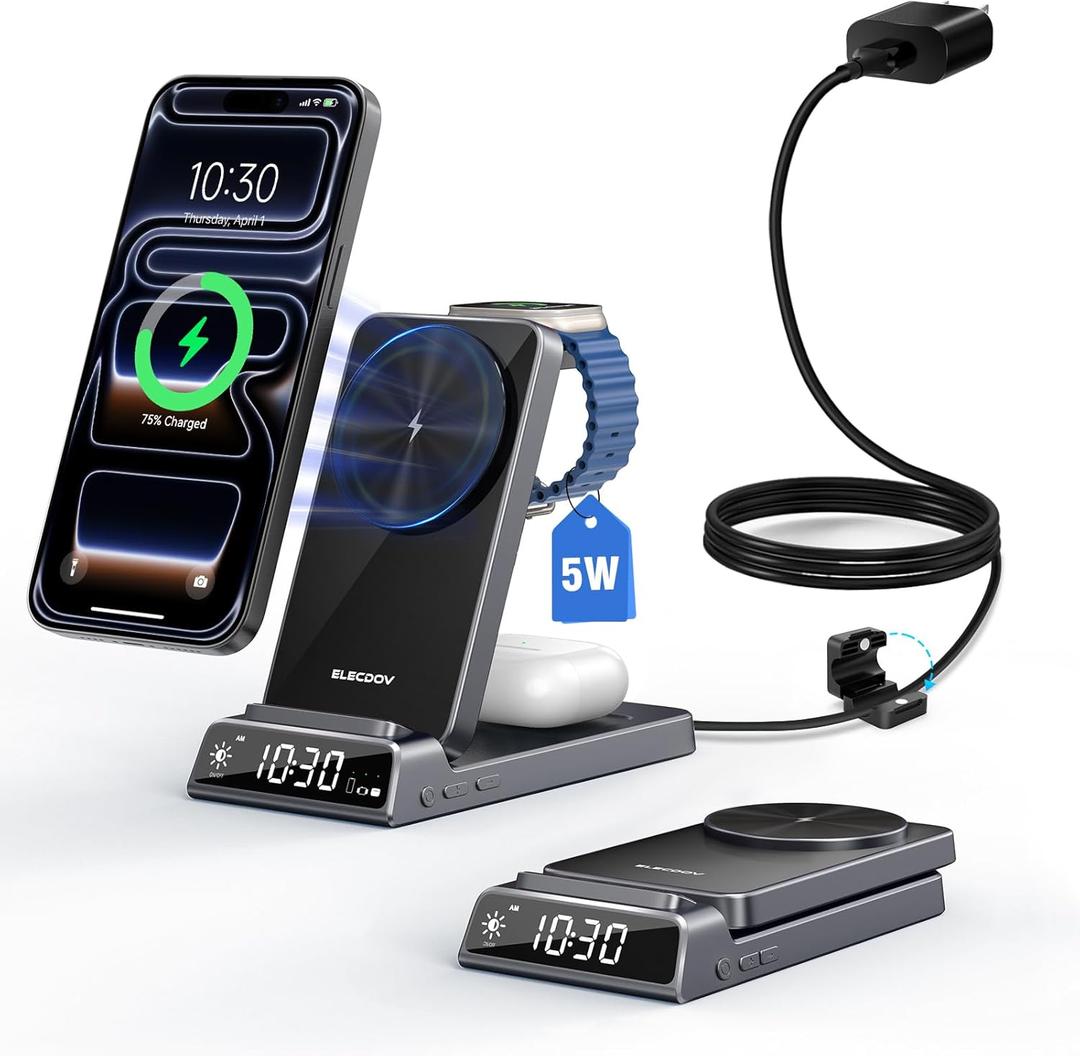 Wireless Charger for Apple, Magnetic 3 in 1 Charging Station with Clock, Foldable Travel Wireless Charging Stand for iPhone 17/17 Pro/17 Pro Max/16, Watch Charger for iWatch 10/Ultra/AirPods 4 (Grey)