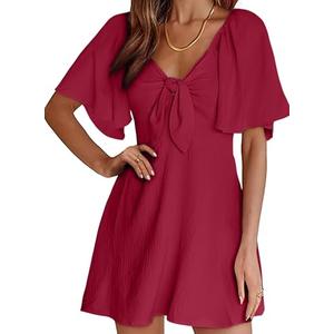 Dokotoo Christmas Holiday Red Womens Summer Dresses 2025 Party Fashion Casual Fall Short Dress Sexy V-Neck Wedding Guest Flowy Dress Linen Dresses for Women Light, Medium, Red