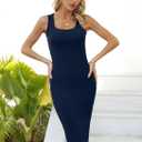 Valiamcep Women's Summer Midi Bodycon Dresses Basic Square Neck Side Slit Ribbed Knit Fitted Casual Sleeveless Tank Dress (Blue, M)