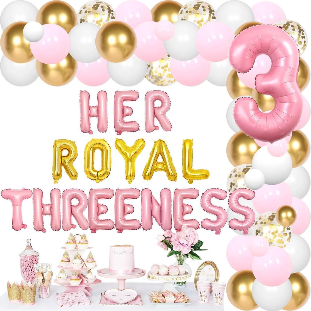Her Royal Threeness Birthday Decorations for Girls, Princess Themed 3rd Birthday Party Decor, Pink Gold Balloon Kit Banner Crown Pink Number 3 Foil Balloon for Girls 3rd Bday Party Supplies