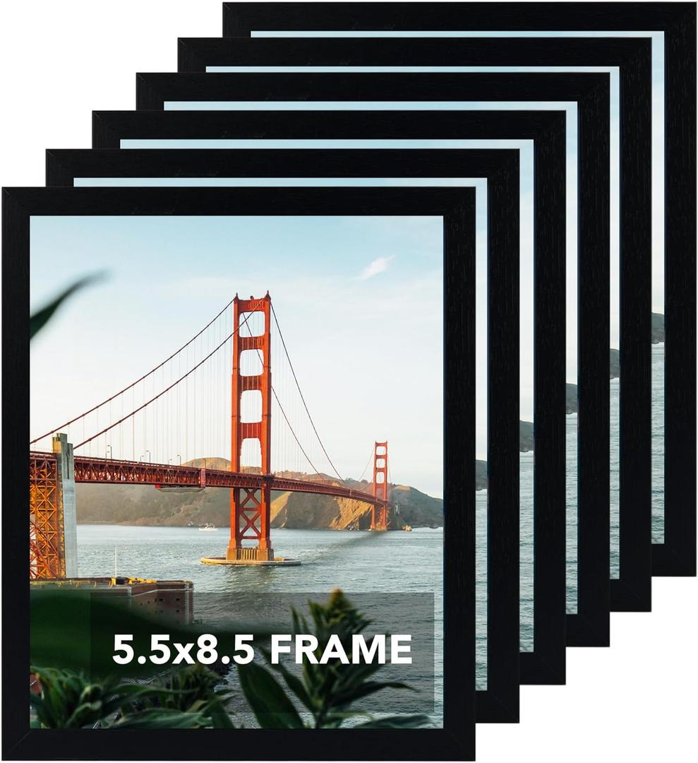 OMISHE 6 Pack 5.5x8.5 Picture Frame Black for Wall Hanging or Tabletop, 5.5 x 8.5 Frame Composite Wood Wall Gallery Photo Frame, Black