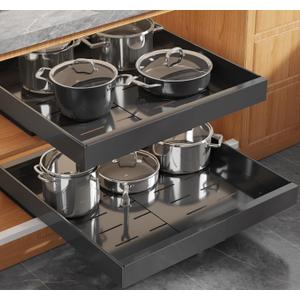 1 Pack Expandable Pull Out Cabinet Organizer 21"Deep With Raising Pad for Framed Cabinets,Upgrade 3 Slide Rails Slide Out Drawers,No Drill Roll Out Shelves,Adjustable Width 12.1"-20.4" Black