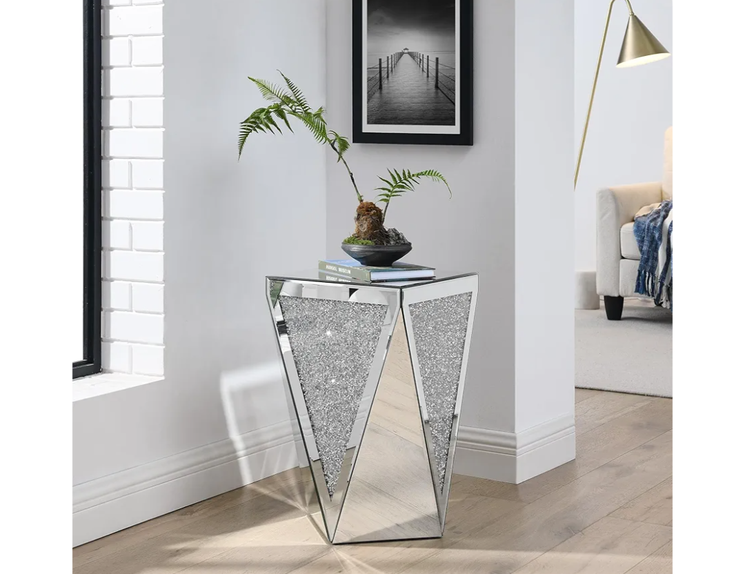 Henf Silver Mirrored End Side Table Crystal Decor Accent Table for Living Room, Bedroom Mirrored Small Nightstand, 13.8''x13.8''x23.6''
