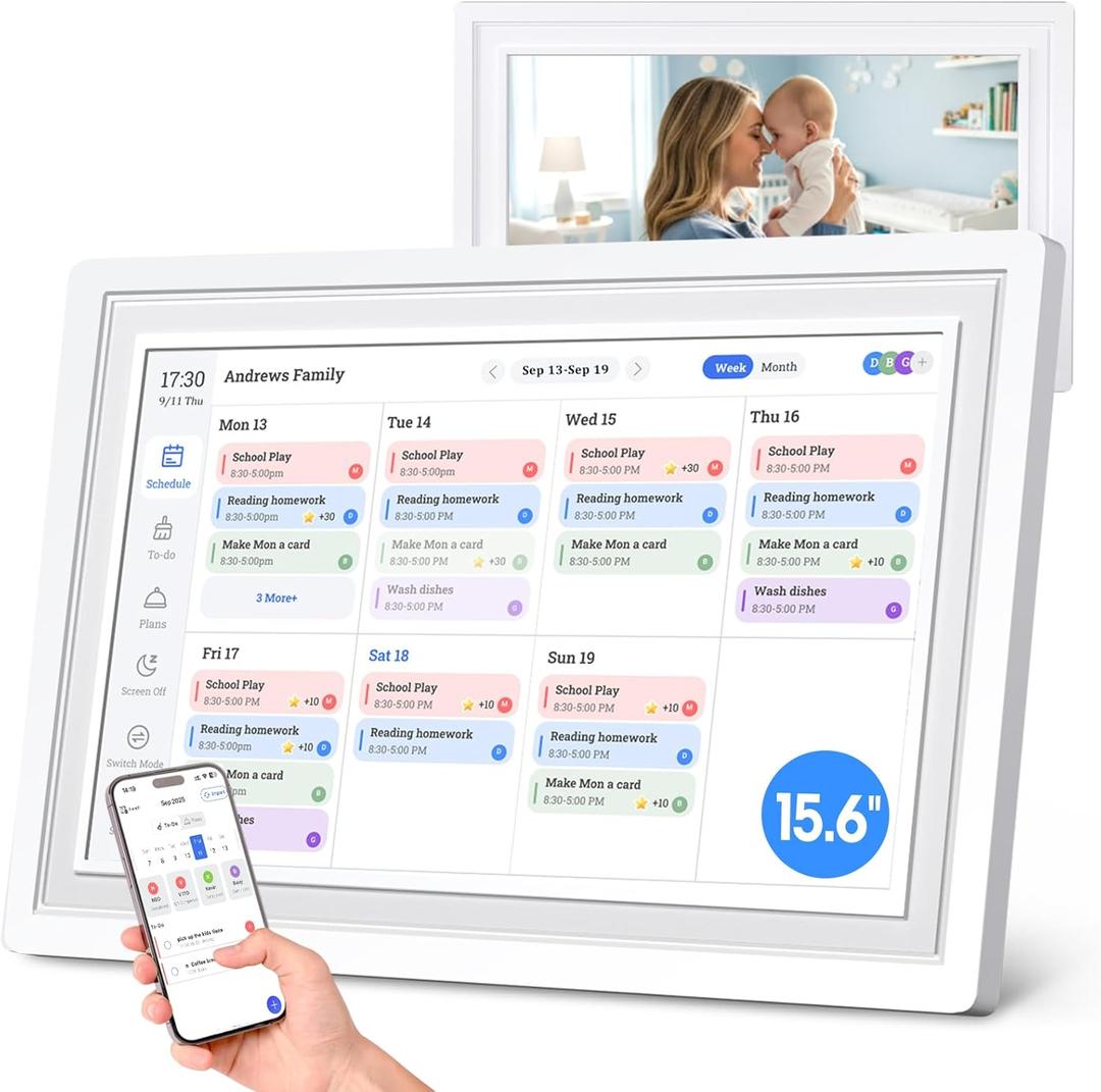 15.6" WiFi Planner Smart Digital Calendar 1080P Full HD Interactive Touchscreen, Chore Charts, Meal Planning, Hearth Display Digital Calendar Wall & Desk Mountable for Family Schedules and Cloud Photo (White, 15.6)