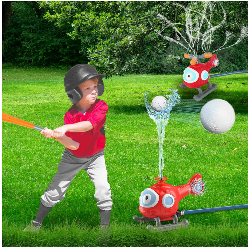 2 in 1 Water Sprinklers T Ball Set for Kids and Toddlers, Baseball Sprinkler for Backyard Helicopter Toy, Attaches to Garden Hose Summer Pool Outdoor Water Toy