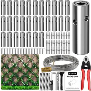 Wire Trellis for Climbing Plants Outdoor, 30-Set Wall Wire Trellis Kit with 1/8in x 150ft Stainless Steel Cable & Cutter, T316 Cylindrical Espalier System for Fence and Garden DIY Projects