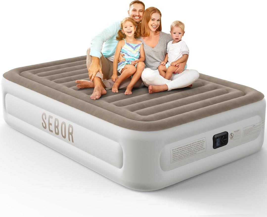 Air Mattress Queen with Built in Pump, 18 inch Inflatable Mattress, Weight Capacity of up to 660 lb MAX, Durable Blow Up Mattress for Home&Guests (Khaki Top / White Gray Body)