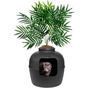 Good Pet Stuff Hidden Cat Litter Box Enclosure with Artificial Plant, Decorative Round Planter, Vented Carbon Charcoal Filter for Odor Control, Easy-to-Clean, Made in USA, Base Kit, Black